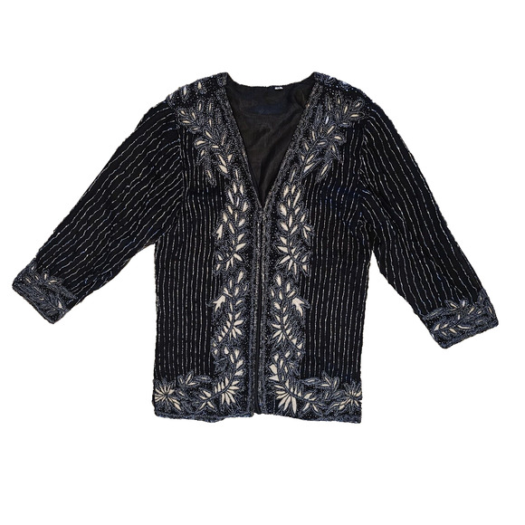 Vintage Jacket Womens Sz 18* Black Silk Sequins Beads Blazer Evening Formal - Picture 6 of 8